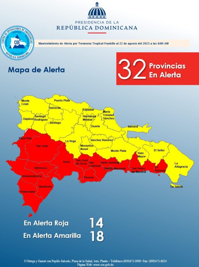 Por los efectos de Franklin, COE mantiene todo el país en alerta roja y amarilla