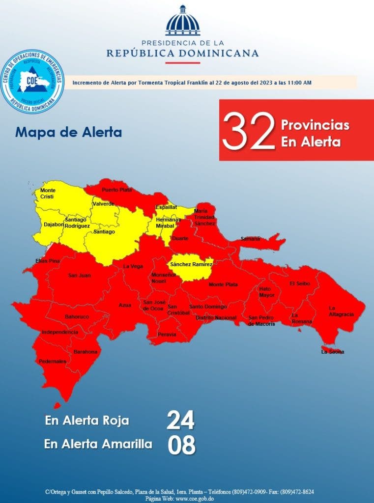 COE aumenta a 24 las provincias en alerta roja